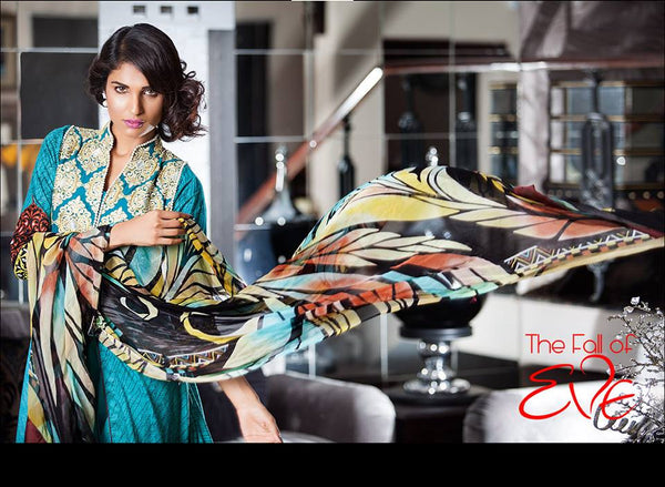 Mahnoor Turquoise and Beige Unstitched Suit