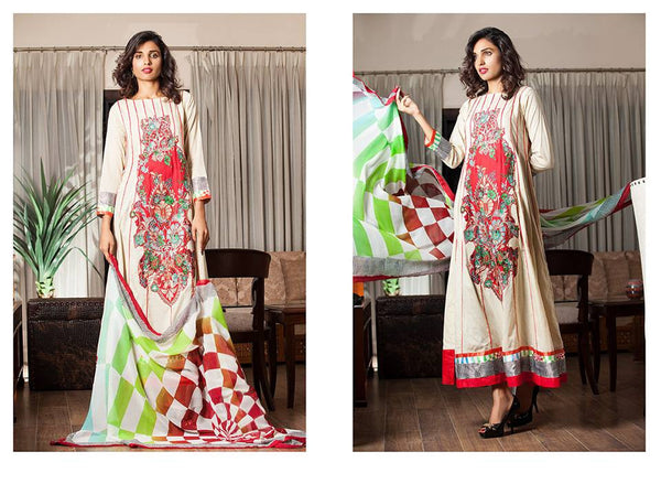 Mahnoor Red and Beige Unstitched Suit