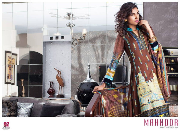 Mahnoor Brown and Turquoise Unstitched Suit