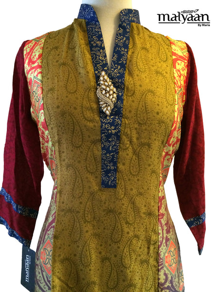 Mehndi Green Khaadi and Digital Silk Top