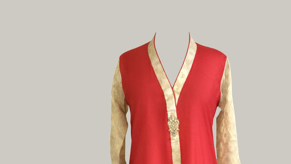 Red Raw Silk with Banarsi Chiffon Sleeves and Back Kurta