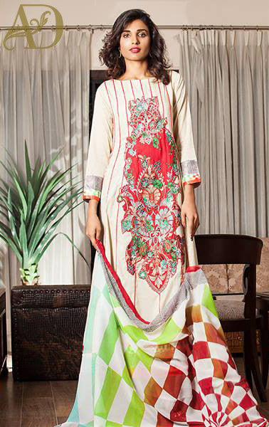 Mahnoor Red and Beige Unstitched Suit