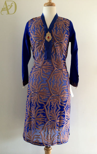 Chiffon Electric Blue with Brown threadwork Kurta