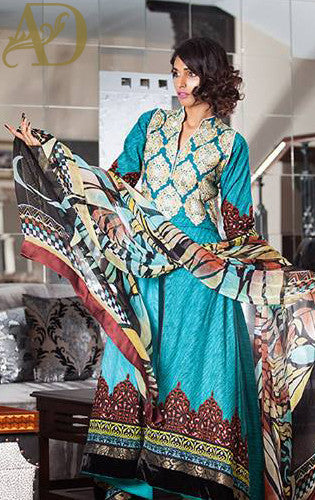 Mahnoor Turquoise and Beige Unstitched Suit