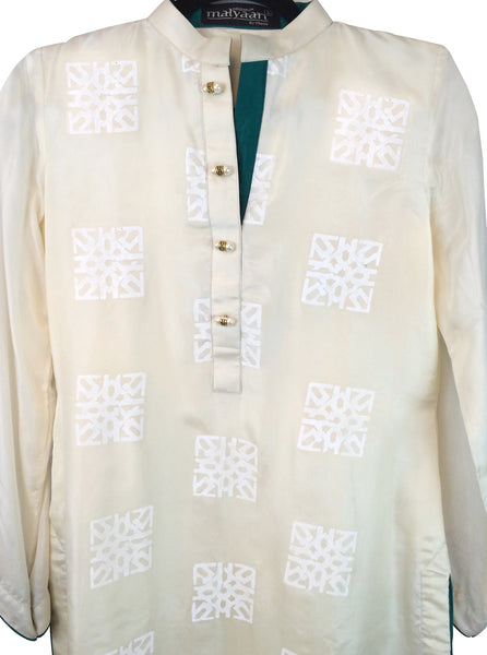 Raw Silk Cream Kurta with White Block Print