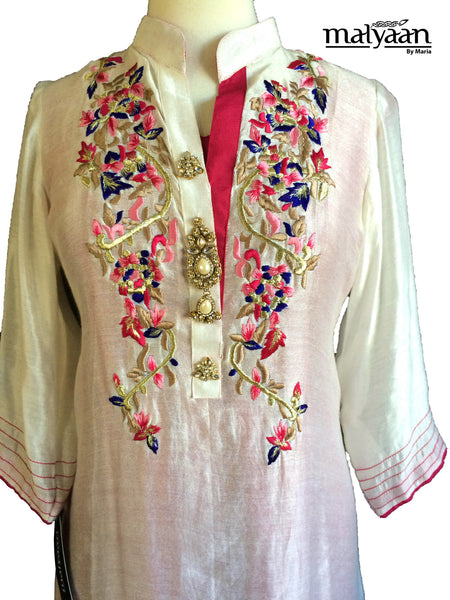 Embroidered White Cotton Net top with Slip