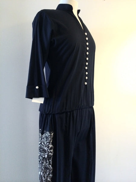 Dark Navy Jumpsuit with One Leg Sided Embroidery