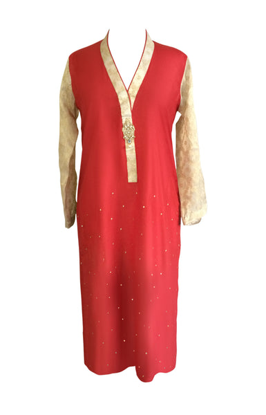Red Raw Silk with Banarsi Chiffon Sleeves and Back Kurta