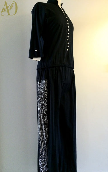 Dark Navy Jumpsuit with One Leg Sided Embroidery