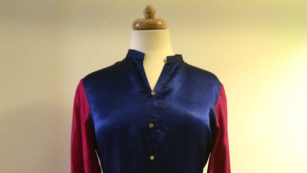 Pink and Electric Blue Plain Silk Kurta
