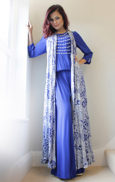 Blue Pearl Jumpsuit with White and Blue matching Cape