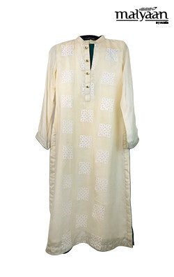 Raw Silk Cream Kurta with White Block Print