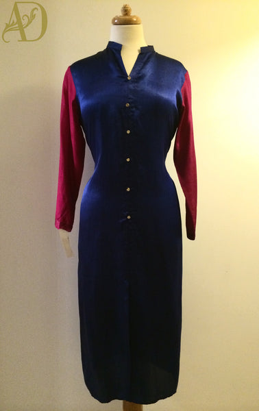 Pink and Electric Blue Plain Silk Kurta