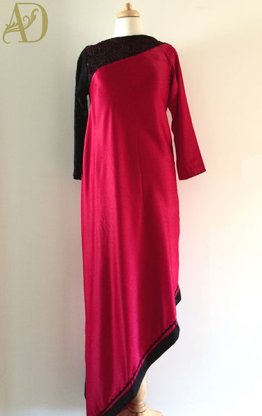 Red/Aqua Asymmetric dress with a Lace Sleeve